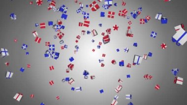 3D 4K hediye kutuları siyah arka planda. Döngü Canlandırması. Noel topları