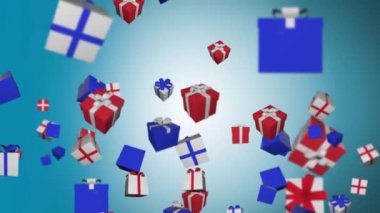 3D 4K ilmek hediye kutuları kırmızı arka plana düşüyor. Terfi ve Noel için..