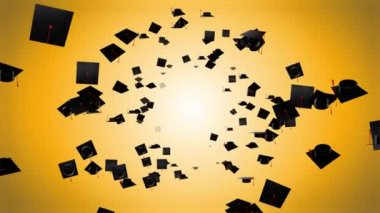 Mezuniyet töreninin animasyonu üniversite şapkaları hava döngüsüne atılıyor..