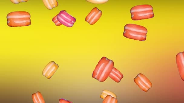 4K Loop Падаючі морозильні пончики фону. графіка руху, день народження, реклама — стокове відео