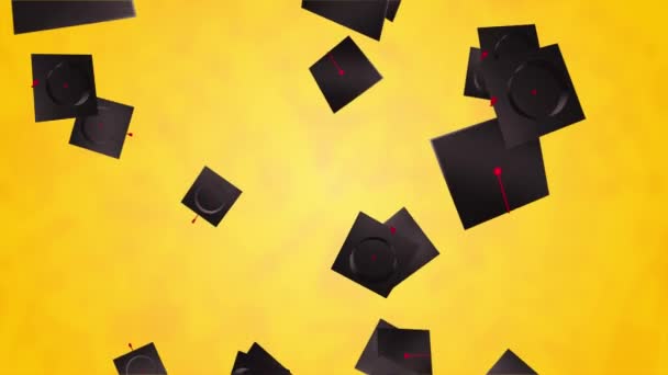 Animation of graduation caps and books falling on blue background. education and learning. — Vídeos de Stock