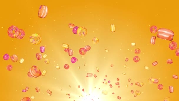 4K 3D петля Куча разноцветных летающих пончиков фон. — стоковое видео