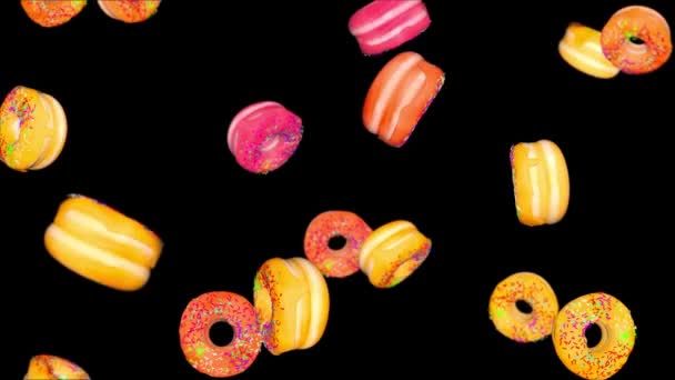 4K Loop Falling frosting donuts background. gráficos en movimiento, cumpleaños, publicidad — Vídeo de stock