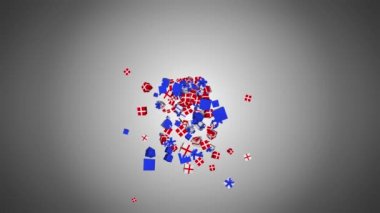 Noel hediyeleri kırmızı kurdelelerle sarılı hediye kutuları düşüyor. Noel için.,