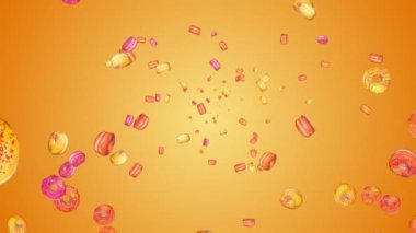Donutlar arka planda uçuyor. Bir sürü uçan şeker yığını. Tatlı çörekler düşüyor.