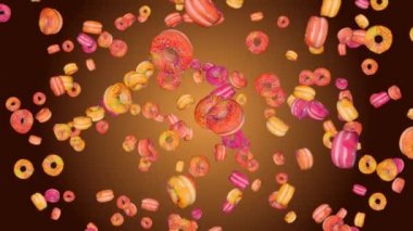 Yeşil ekranda düşen lezzetli çöreklerin 4K animasyonu. Yiyecek, sağlık, fast food konsepti.