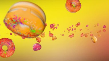 4K 3D uçan donut ve mavi arka planda uçan donut. Aşçı için tatlı tatlı..