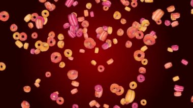 Yeşil ekran arka planına düşen 3 boyutlu jöleli donut yağmuru. Donut kreması ve şekerleme..