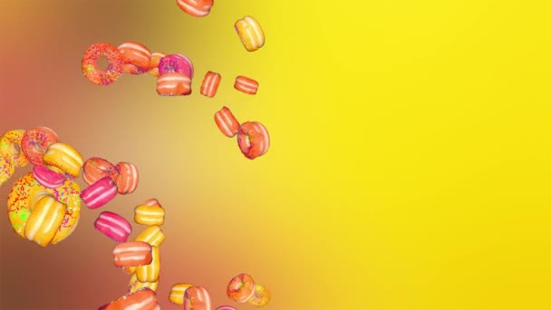 3d 4k vídeo de vidros donuts design movimento caindo sobremesas. Deliciosa animação lanche. — Vídeo de Stock