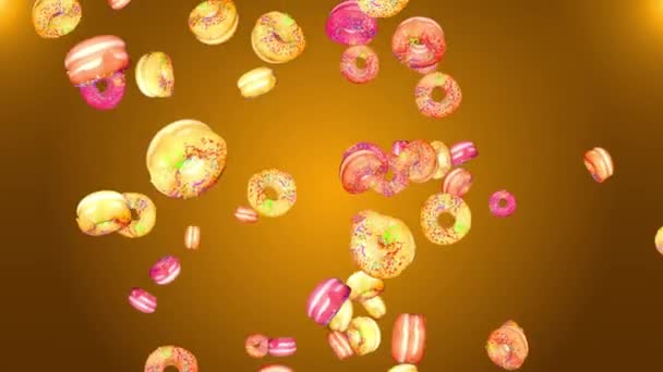 3d Animation Loop creative animal prints donuts on yellow background. Fast food concept art. — Vídeos de Stock