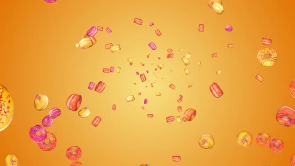 Lecące pączki w tle. Dużo latających pączków cukrowych. Smaczny słodki pączek spada. — Wideo stockowe