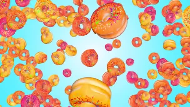 3d chuva de rosquinhas vidradas caindo no fundo tela verde. Gelagem de donuts e polvilhas. — Vídeo de Stock