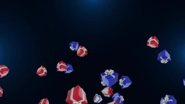 3D 4K hediye kutuları siyah arka planda. Döngü Canlandırması. Noel topları