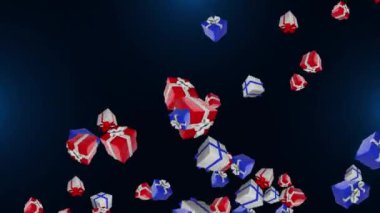 Düşen hediye kutuları siyah arka planda tepeden düşüyor. Döngü canlandırması.