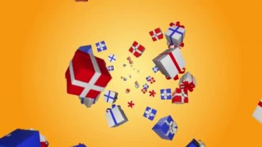 3D 4K ilmek hediye kutuları kırmızı arka plana düşüyor. Terfi ve Noel için..