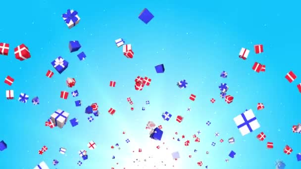 Falling Gift boxes falling from the top on black background. Loop animation. — Vídeo de stock