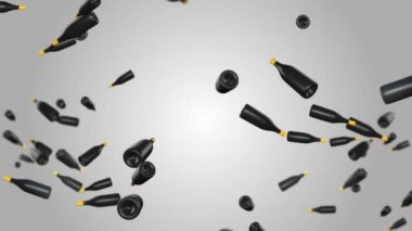 4K bira şişelerinde 3D animasyon yeşil ekran arka planına düşüyor. Alkol içecekleri konsepti.