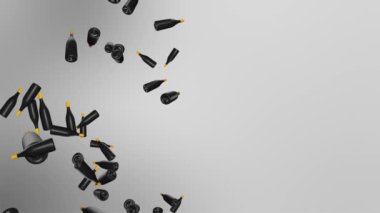 Karanlık Arkaplanda Sonsuz Boş Krom Metal Şişeler Yağmuru. 3 Boyutlu Canlandırma.