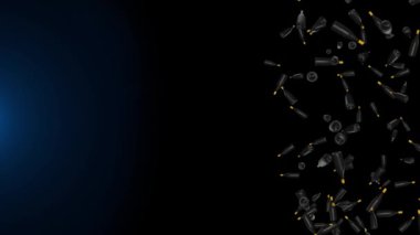 Karanlık Arkaplanda Sonsuz Boş Krom Metal Şişeler Yağmuru. 3 Boyutlu Canlandırma.