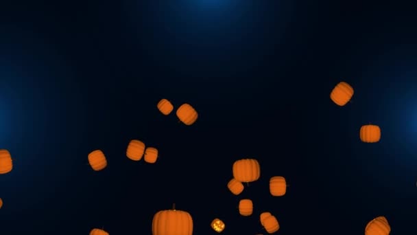 4K Stock Video van Halloween Spookachtige pompoenen vliegen en vallen naar beneden 3D Animatie. — Stockvideo