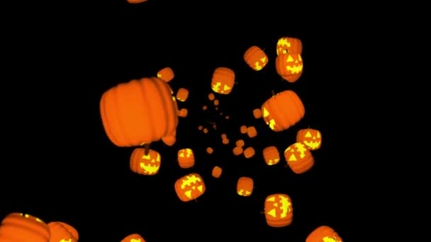 Halloween pozadí smyčka. Létající dýně izolované na černém pozadí plné 4k. — Stock video