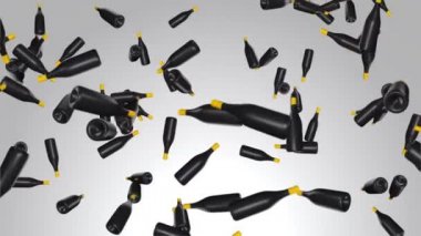 4K bira şişelerinde 3D animasyon yeşil ekran arka planına düşüyor. Alkol içecekleri konsepti.