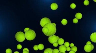 Düşen tenis toplarının 4K animasyonu. Yeşil ekran. Kiralık spor ekipmanları tenisi.