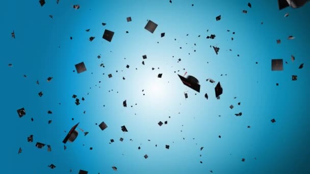 Animación de la graduación universidad sombreros que se lanzan en el bucle de aire fondos. — Vídeo de stock