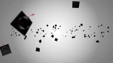 Mezuniyet 3D uçan şapkalar gökyüzüne doğru. Sanal mezuniyet evde kalma kavramı.