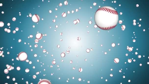 Vliegen veel honkbal ballen Loop achtergrond. Vleermuis en bal. Sportuitrusting. Begrip sport, — Stockvideo