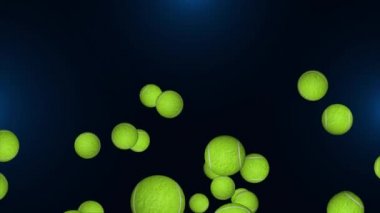 Düşen tenis toplarının 4K animasyonu. Yeşil ekran. Kiralık spor ekipmanları tenisi.