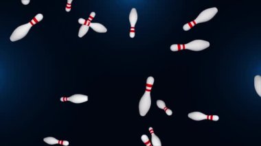Düşen Bowling Pins animasyon arka planı. Yüksek kalite 4 bin. Üç boyutlu bowling topları. Spor ve eğlence..