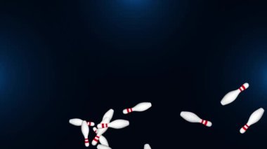 3D 4K bowling lobutlu parçacık döngüsü animasyon arka planı. Skittles ve bowling topu. Yakın plan..