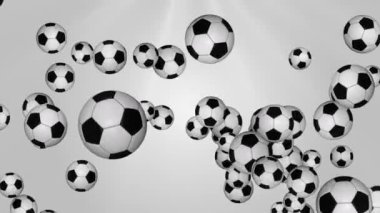 4K 3D uçan futbol topları futbol arka planı. Canlandırma