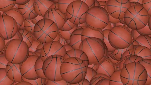 Concepto deportivo, muchas pelotas de baloncesto clásicas cayendo sobre el fondo del lazo. — Vídeos de Stock