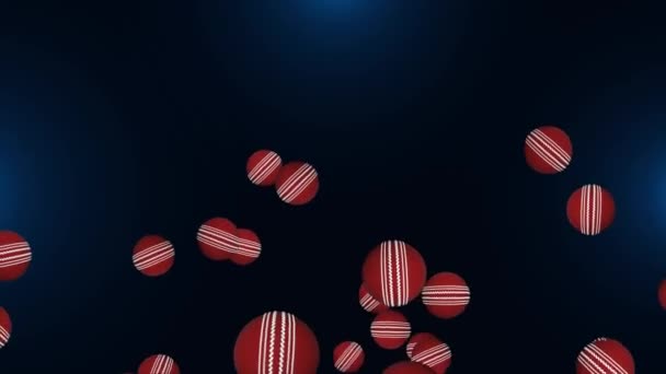 Animação de bolas de críquete caindo sobre fundo preto e enchimento. cricket bat papel de parede, jogo de bola, bola de críquete — Vídeo de Stock