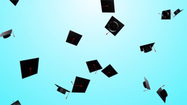 Animación de la graduación universidad sombreros que se lanzan en el bucle de aire fondos. — Vídeos de Stock
