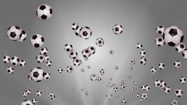 4K 3D uçan futbol topları futbol arka planı. Canlandırma