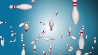 Düşen Bowling Pins animasyon arka planı. Yüksek kalite 4 bin. Üç boyutlu bowling topları. Spor ve eğlence..