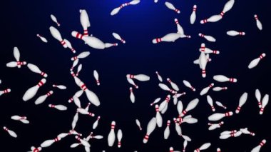 Düşen Bowling Pins animasyon arka planı. Yüksek kalite 4 bin. Üç boyutlu bowling topları. Spor ve eğlence..