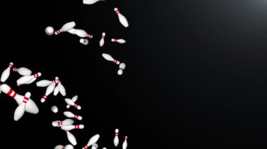 Düşen Bowling Pins animasyon arka planı. Yüksek kalite 4 bin. Üç boyutlu bowling topları. Spor ve eğlence..