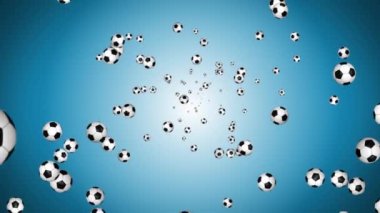 4K 3D uçan futbol topları futbol arka planı. Canlandırma