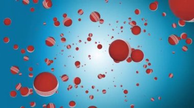 4K döngü Kırmızı kriket topu ağır çekimde dönüyor. Stadyumun arka planında havada uçuyor..