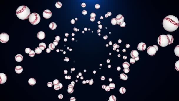 Repülő sok baseball labda hurok háttér. Denevér és labda. Sportfelszerelés. A sport fogalma, — Stock videók