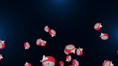 Gri arka planda düşen saatlerin dijital animasyonu. Çalar saat ve kahve fincanı..