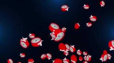 Gri arka planda düşen saatlerin dijital animasyonu. Çalar saat ve kahve fincanı..