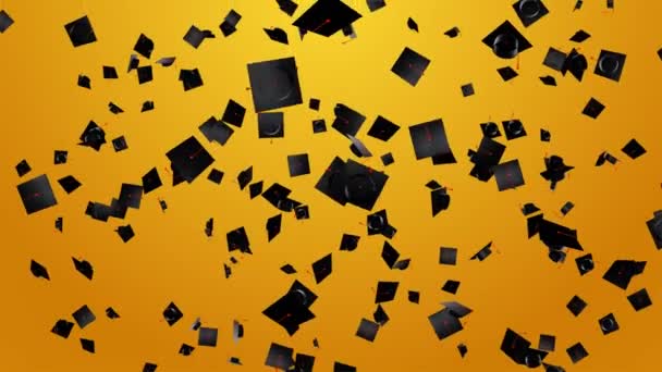 Graduation chapeaux volants 3D vers le ciel. Diplôme virtuel rester à la maison concept Contexte. — Video