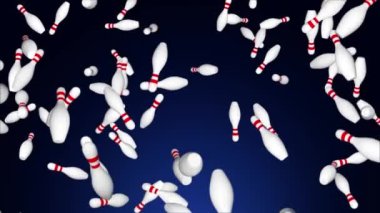 Düşen Bowling Pins animasyon arka planı. Yüksek kalite 4 bin. Üç boyutlu bowling topları. Spor ve eğlence..