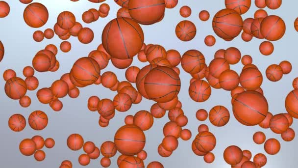 Sportkonzept: Viele klassische Basketballbälle fallen auf Loop-Hintergrund. — Stockvideo