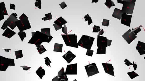 3D 4K animation of a graduation hats in the air sky background. University completion — Vídeos de Stock